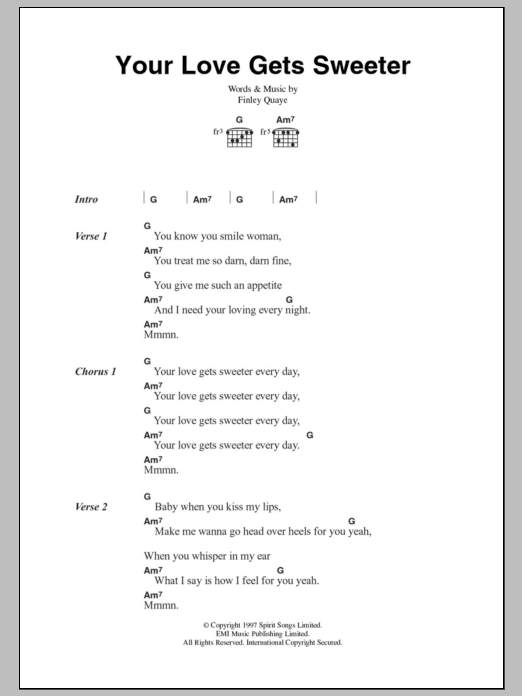 Finley Quaye Your Love Gets Sweeter sheet music notes and chords arranged for Guitar Chords/Lyrics