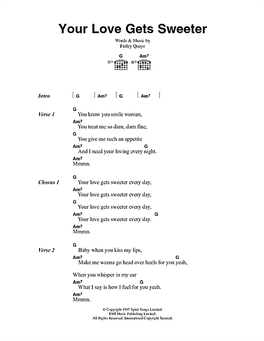 Finley Quaye Your Love Gets Sweeter sheet music notes and chords arranged for Guitar Chords/Lyrics