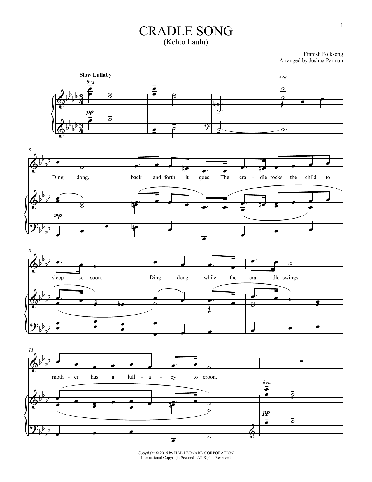 Finnish Folksong Kehto Laula (Cradle Song) sheet music notes and chords arranged for Piano & Vocal