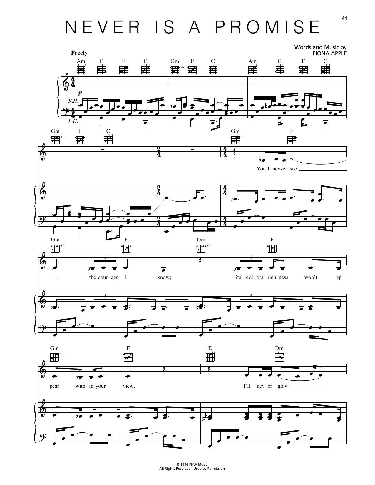Fiona Apple Never Is A Promise sheet music notes and chords arranged for Piano, Vocal & Guitar Chords (Right-Hand Melody)