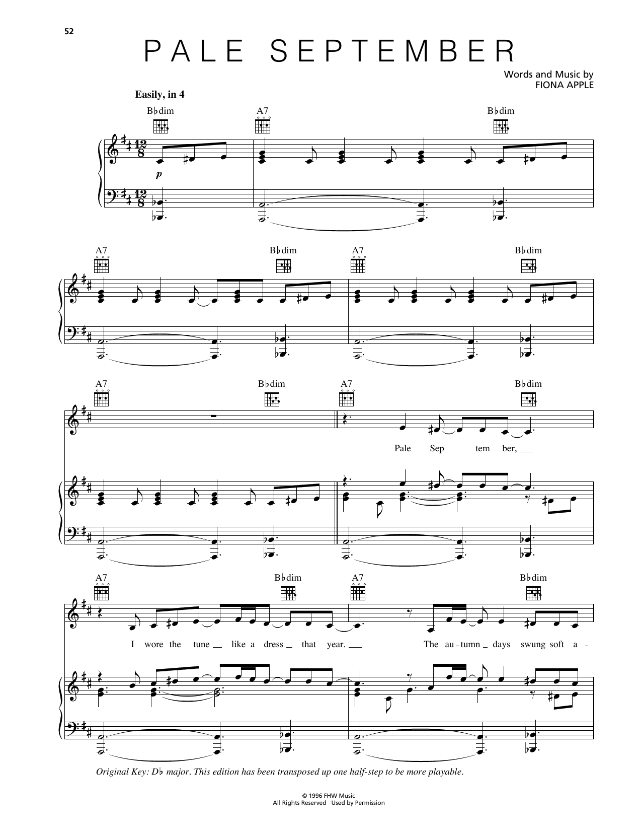 Fiona Apple Pale September sheet music notes and chords arranged for Piano, Vocal & Guitar Chords (Right-Hand Melody)