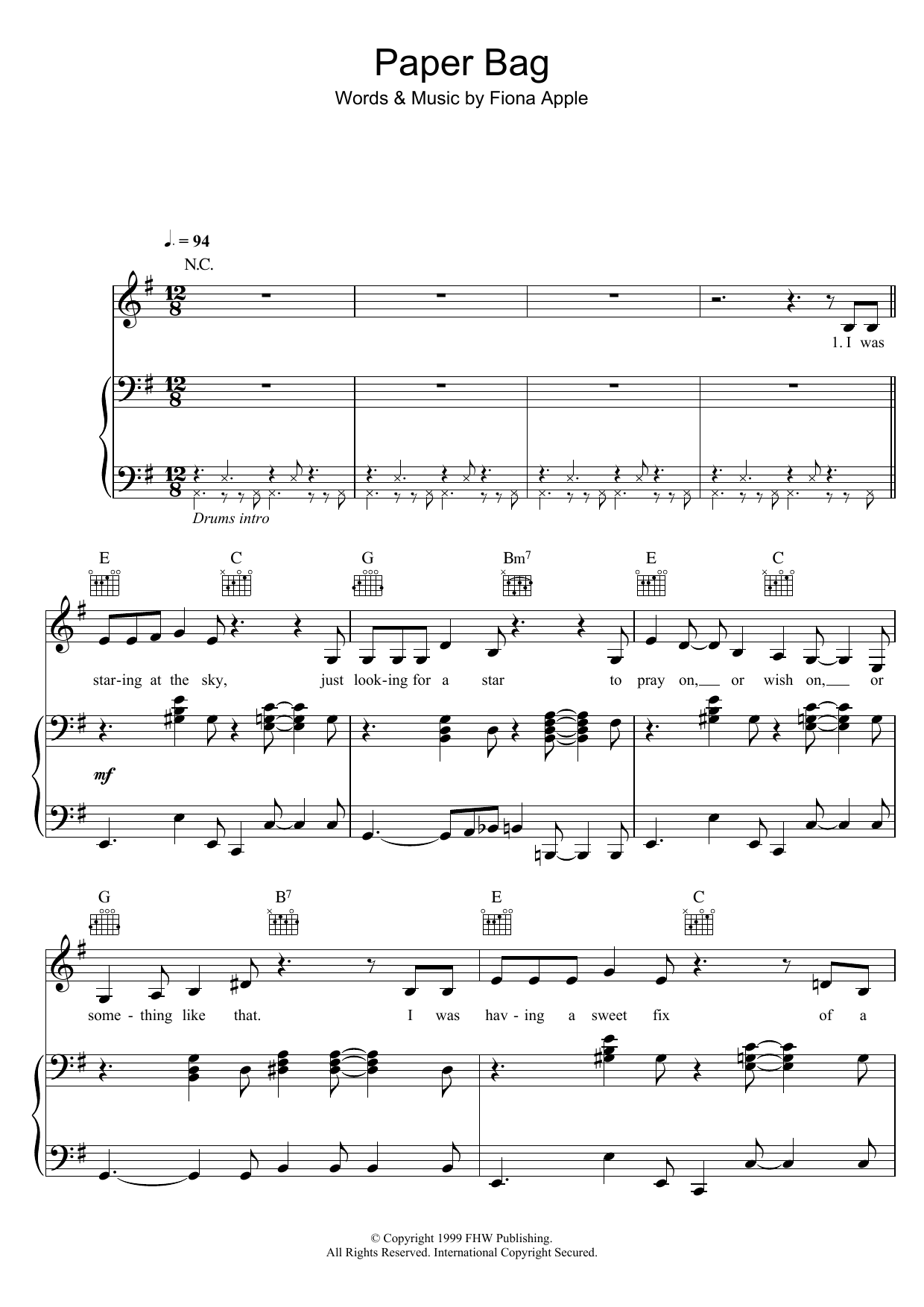 Fiona Apple Paper Bag sheet music notes and chords arranged for Piano, Vocal & Guitar Chords