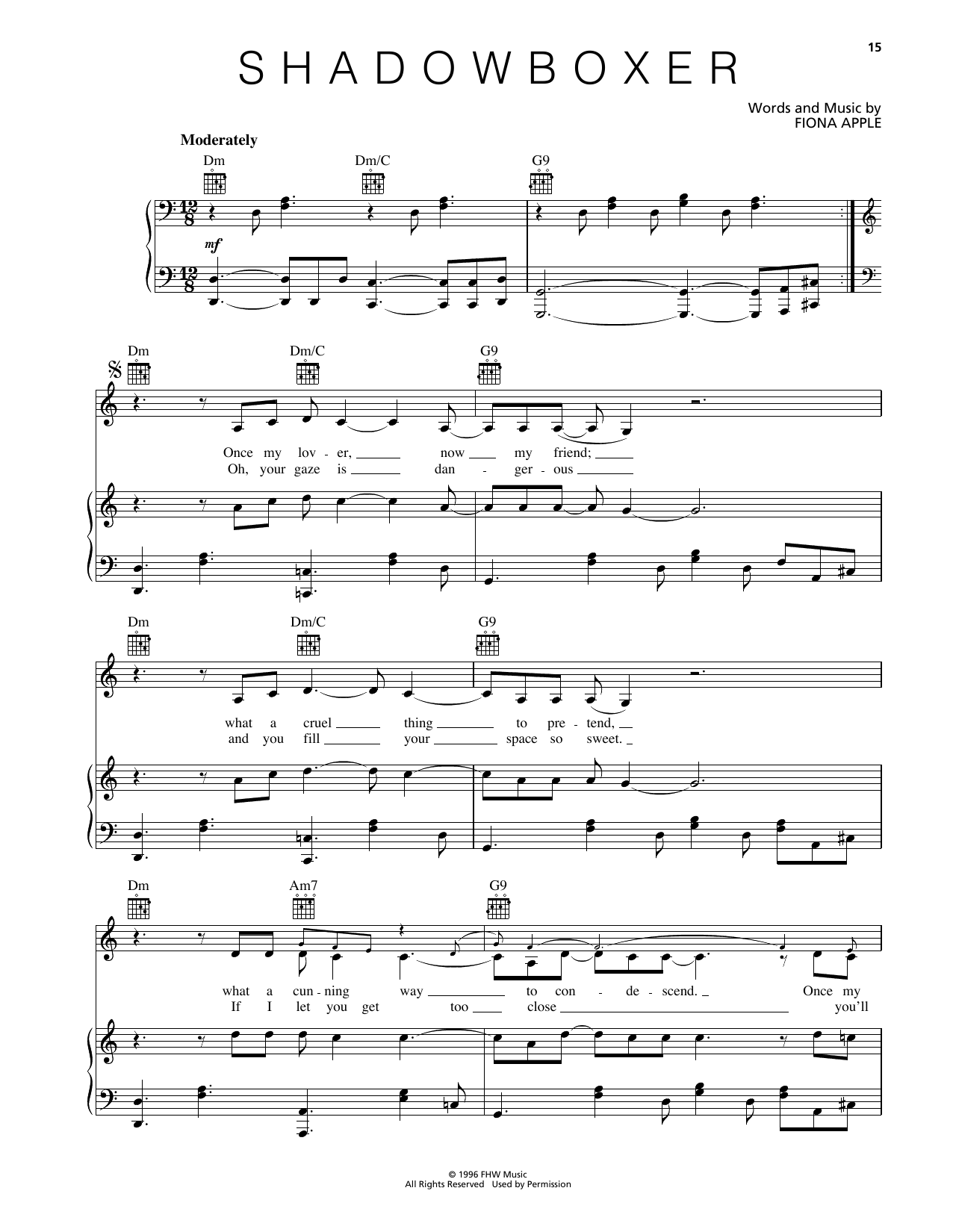 Fiona Apple Shadowboxer sheet music notes and chords arranged for Piano, Vocal & Guitar Chords (Right-Hand Melody)