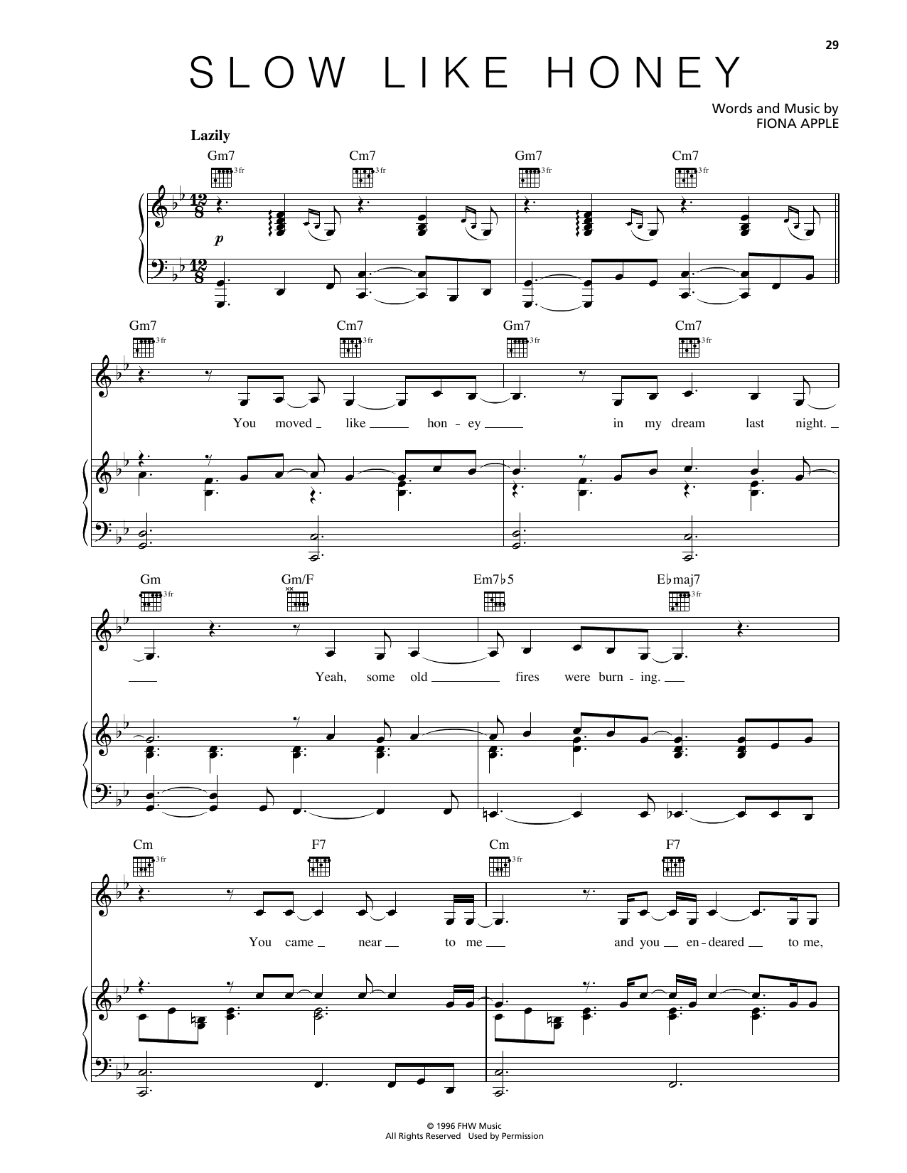 Fiona Apple Slow Like Honey sheet music notes and chords arranged for Piano, Vocal & Guitar Chords (Right-Hand Melody)
