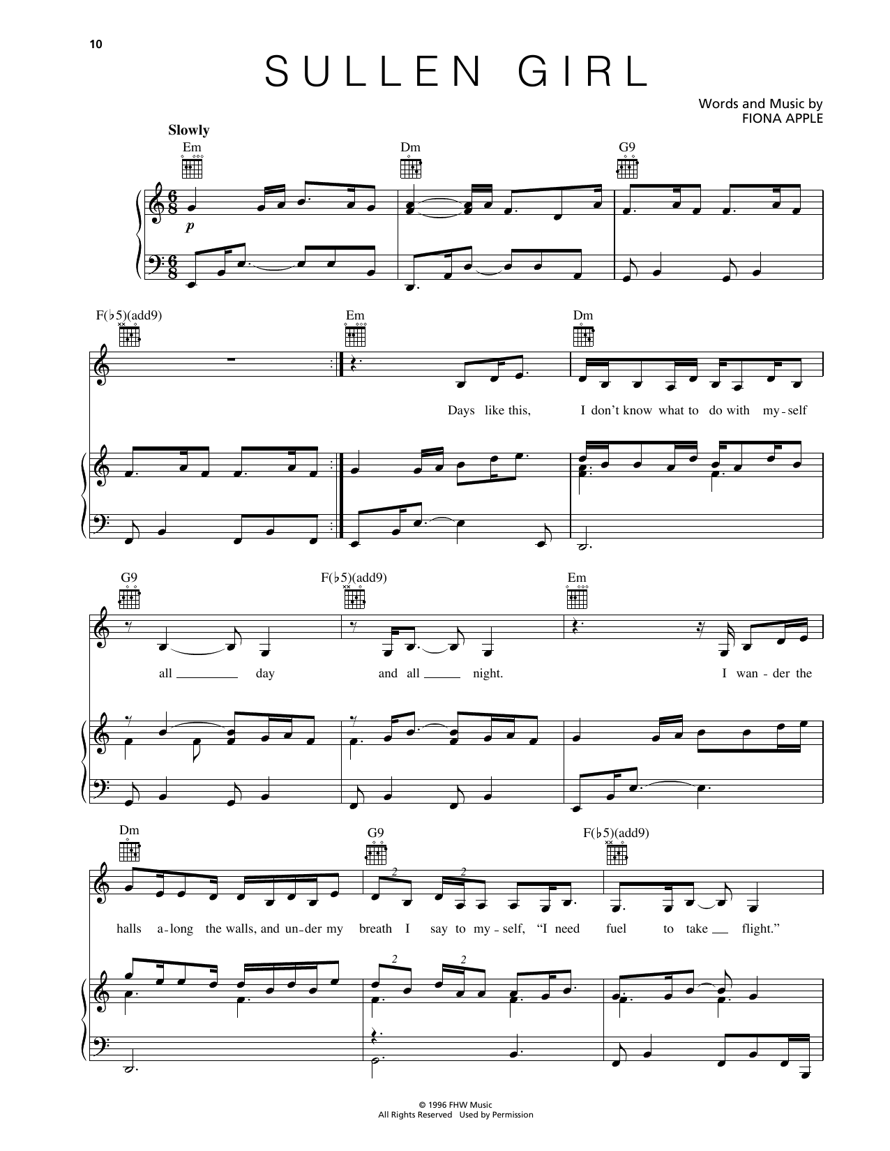 Fiona Apple Sullen Girl sheet music notes and chords arranged for Piano, Vocal & Guitar Chords (Right-Hand Melody)