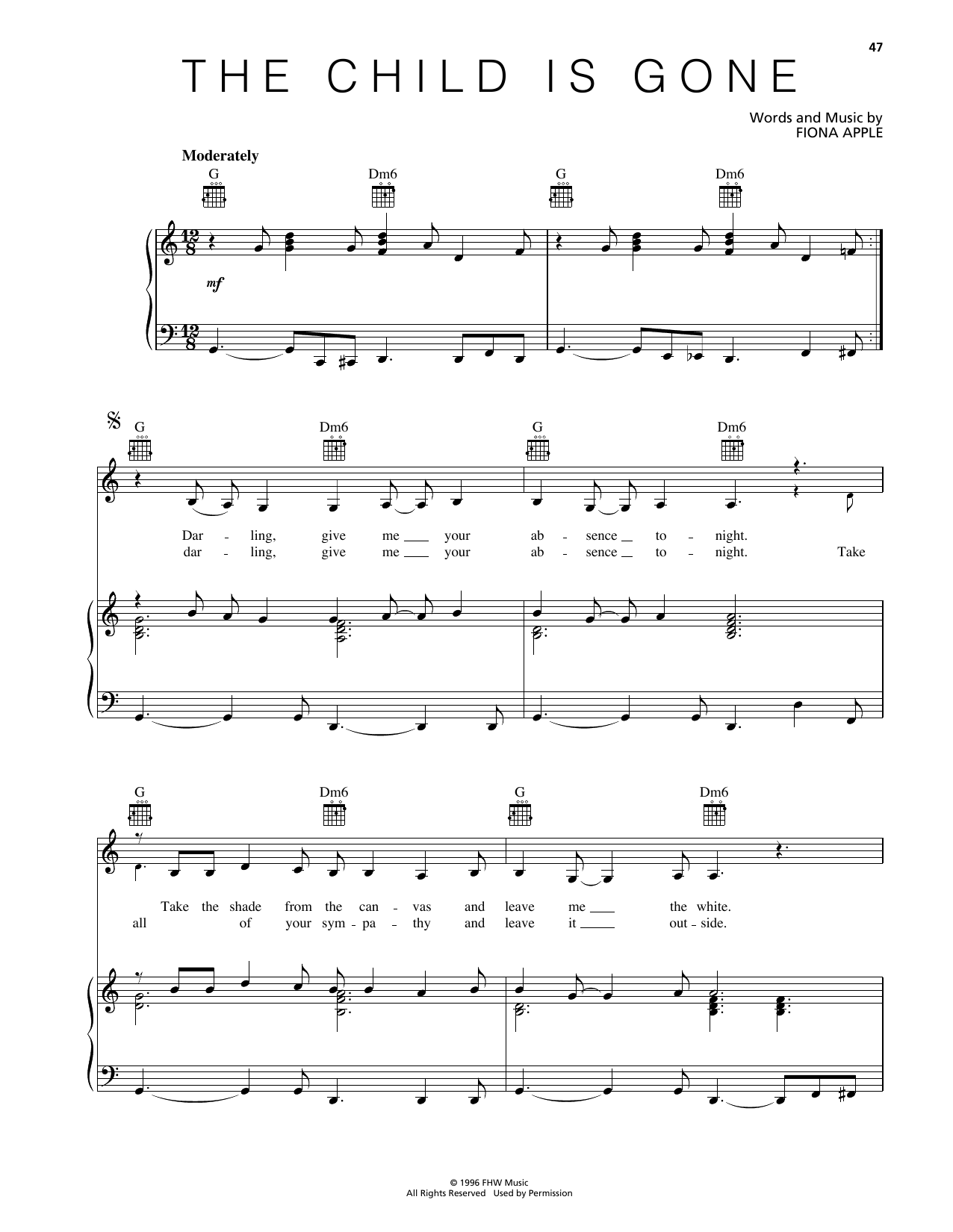 Fiona Apple The Child Is Gone sheet music notes and chords arranged for Piano, Vocal & Guitar Chords (Right-Hand Melody)