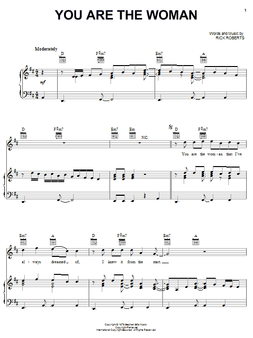 Firefall You Are The Woman sheet music notes and chords arranged for Piano, Vocal & Guitar Chords (Right-Hand Melody)