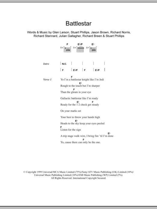 Five Battlestar sheet music notes and chords arranged for Guitar Chords/Lyrics