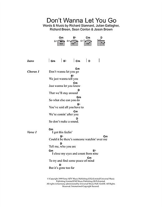 Five Don't Wanna Let You Go sheet music notes and chords arranged for Guitar Chords/Lyrics