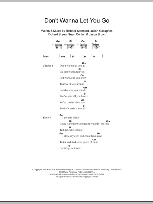 Five Don't Wanna Let You Go sheet music notes and chords arranged for Guitar Chords/Lyrics