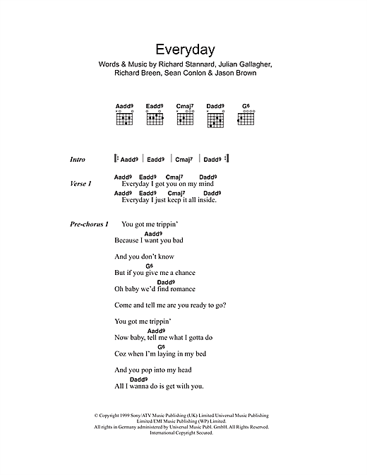 Five Everyday sheet music notes and chords arranged for Guitar Chords/Lyrics