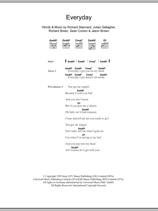 Five Everyday sheet music notes and chords arranged for Guitar Chords/Lyrics