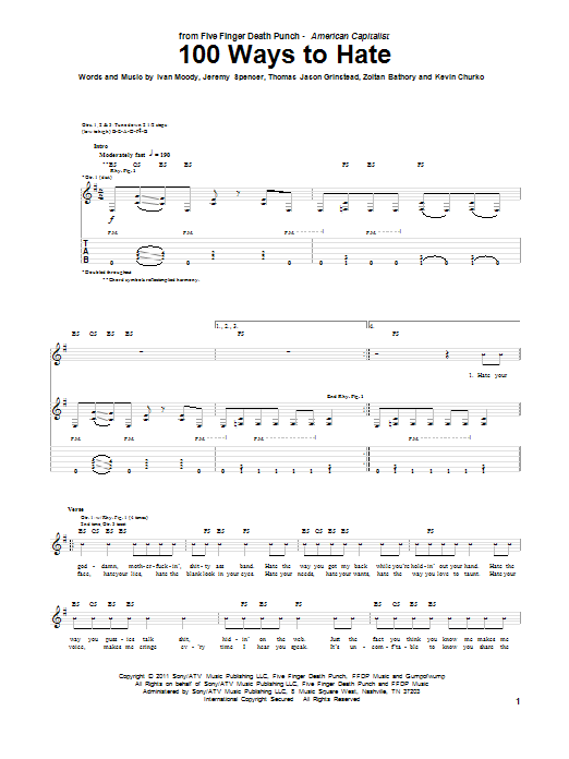 Five Finger Death Punch 100 Ways To Hate sheet music notes and chords arranged for Guitar Tab