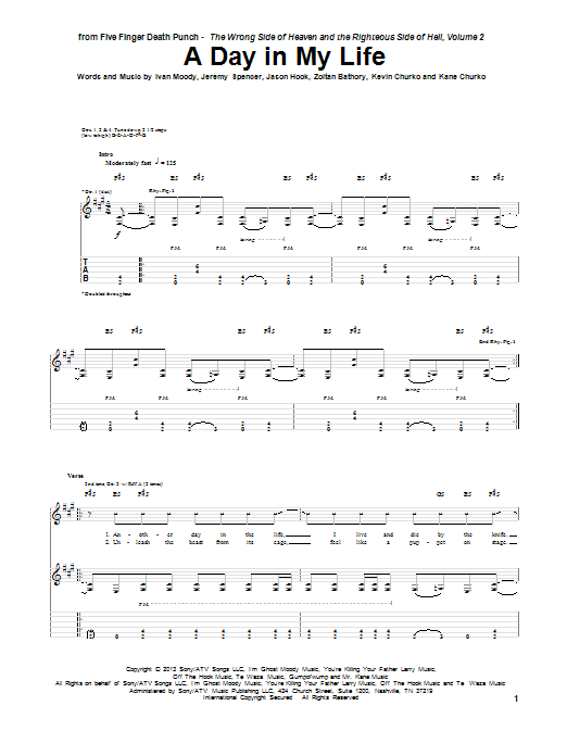 Five Finger Death Punch A Day In My Life sheet music notes and chords arranged for Guitar Tab