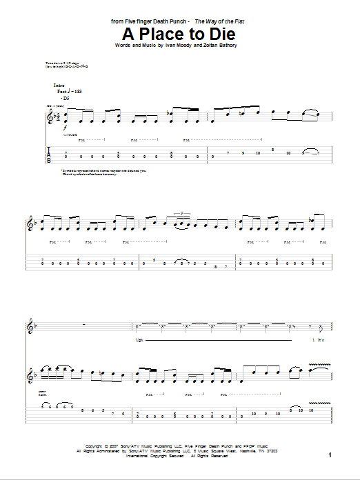 Five Finger Death Punch A Place To Die sheet music notes and chords arranged for Guitar Tab