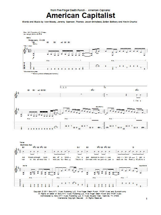 Five Finger Death Punch American Capitalist sheet music notes and chords arranged for Guitar Tab