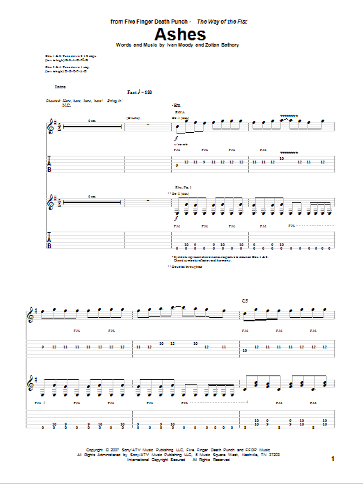 Five Finger Death Punch Ashes sheet music notes and chords arranged for Guitar Tab