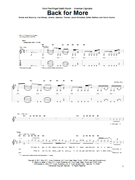 Five Finger Death Punch Back For More sheet music notes and chords arranged for Guitar Tab