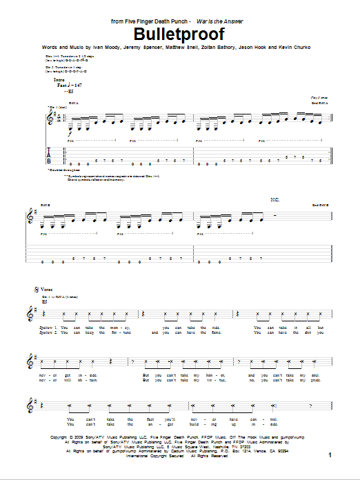 Five Finger Death Punch Bulletproof sheet music notes and chords arranged for Guitar Tab