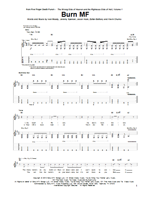 Five Finger Death Punch Burn MF sheet music notes and chords arranged for Guitar Tab