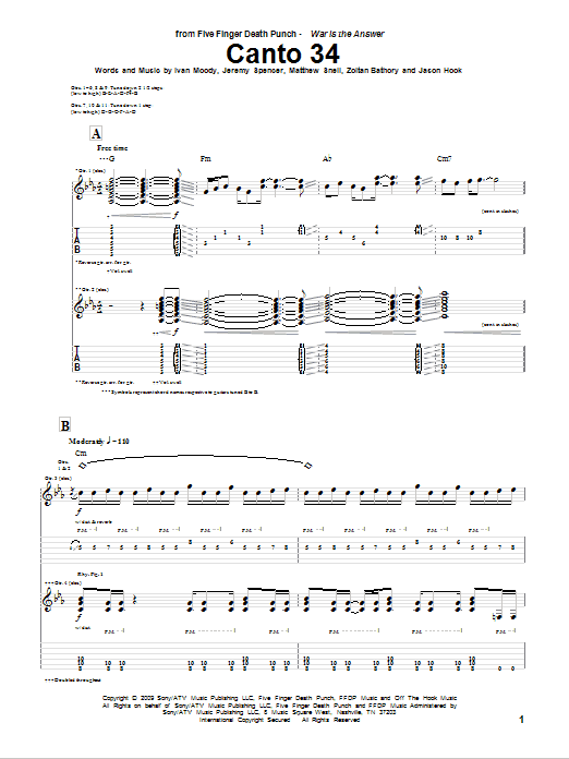 Five Finger Death Punch Canto 34 sheet music notes and chords arranged for Guitar Tab