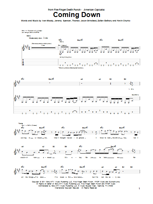 Five Finger Death Punch Coming Down sheet music notes and chords arranged for Guitar Tab