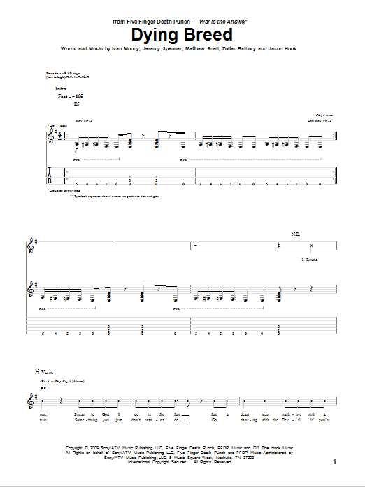 Five Finger Death Punch Dying Breed sheet music notes and chords arranged for Guitar Tab