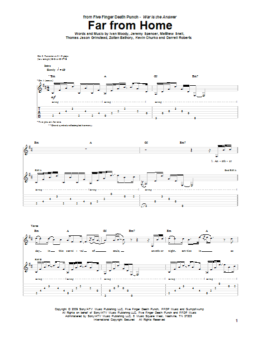 Five Finger Death Punch Far From Home sheet music notes and chords arranged for Guitar Lead Sheet