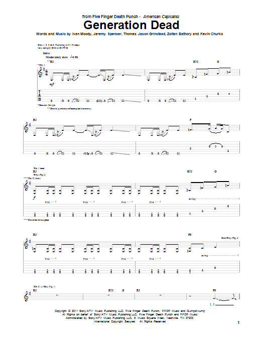 Five Finger Death Punch Generation Dead sheet music notes and chords arranged for Guitar Tab