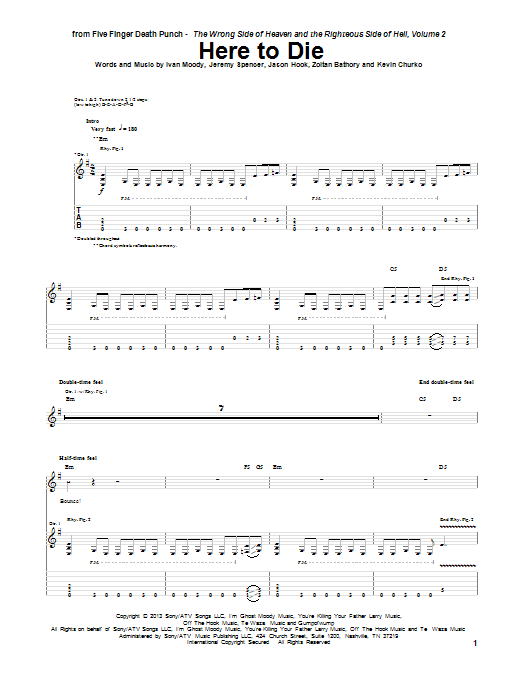 Five Finger Death Punch Here To Die sheet music notes and chords arranged for Guitar Tab