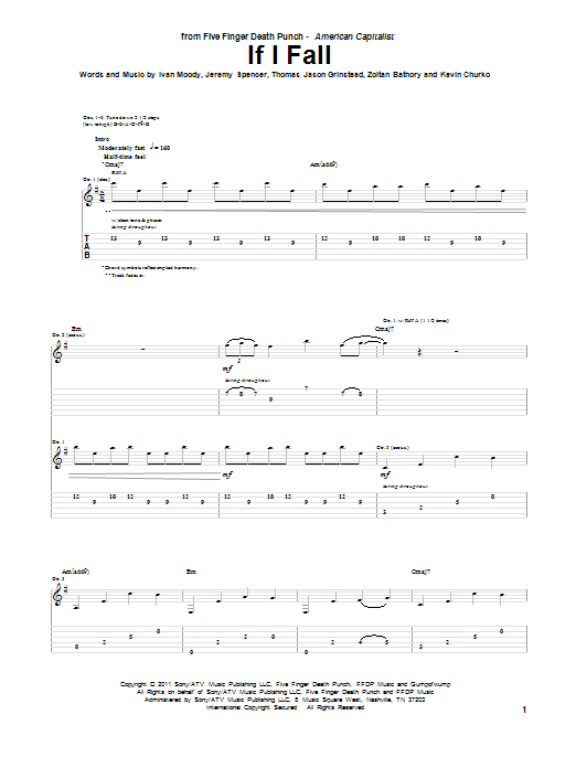 Five Finger Death Punch If I Fall sheet music notes and chords arranged for Guitar Tab