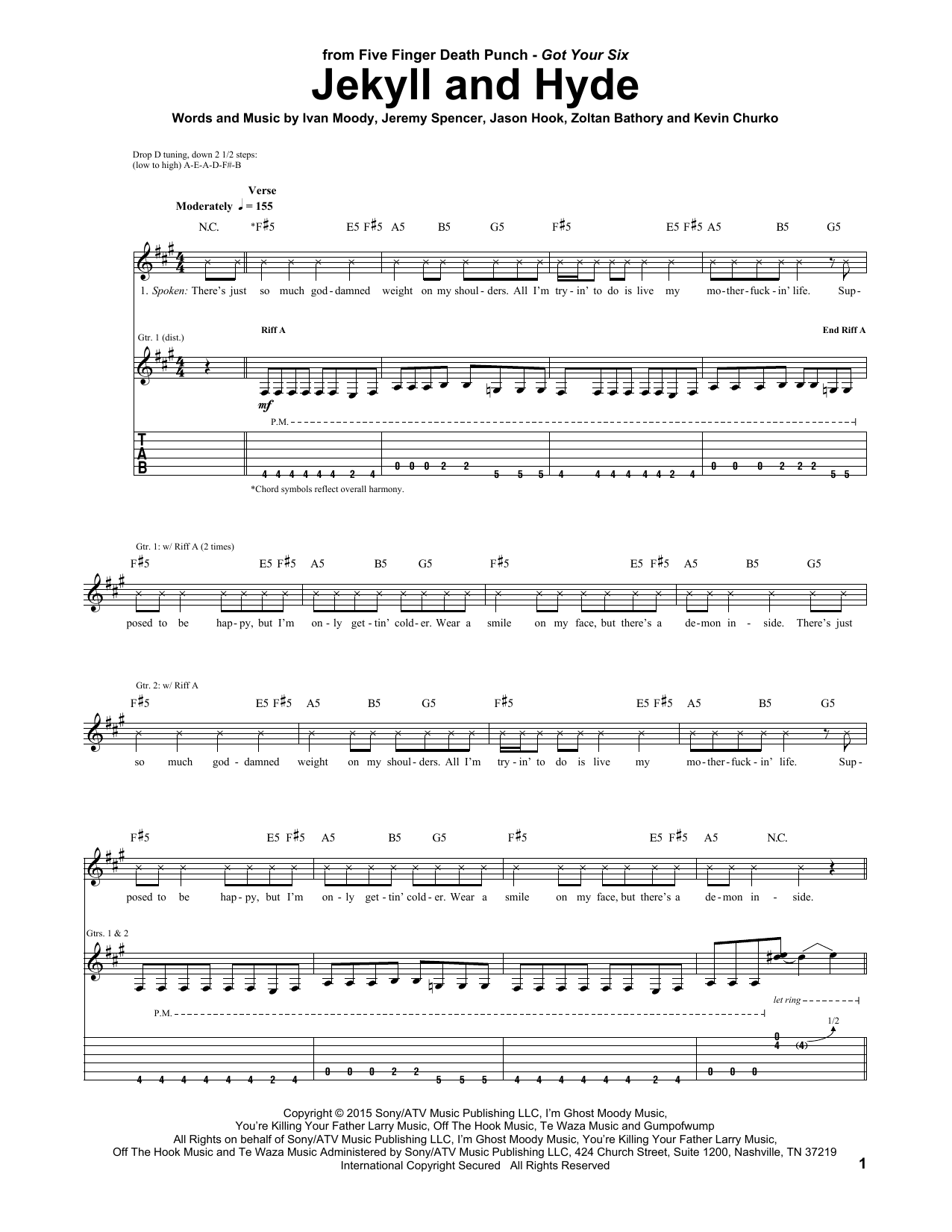 Five Finger Death Punch Jekyll And Hyde sheet music notes and chords arranged for Guitar Tab
