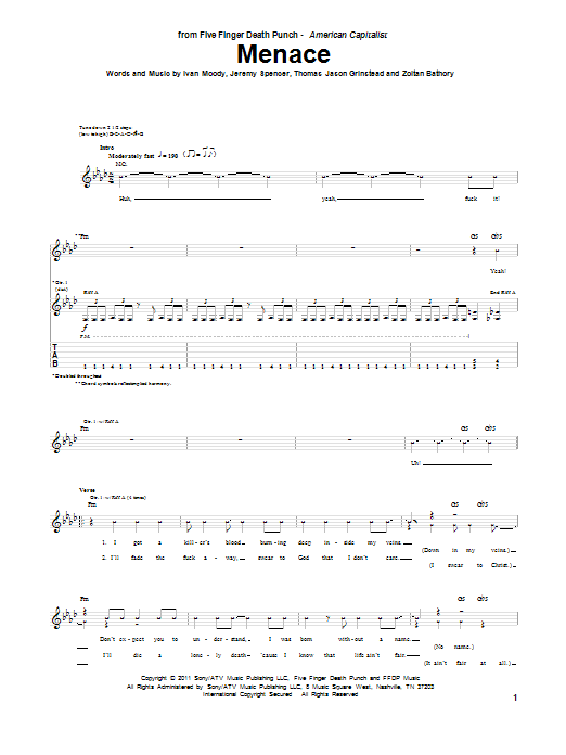 Five Finger Death Punch Menace sheet music notes and chords arranged for Guitar Tab