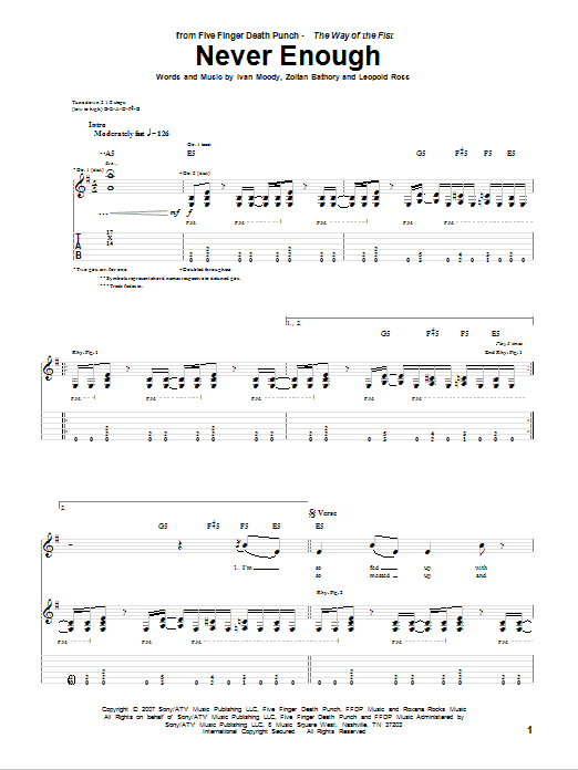 Five Finger Death Punch Never Enough sheet music notes and chords arranged for Guitar Tab