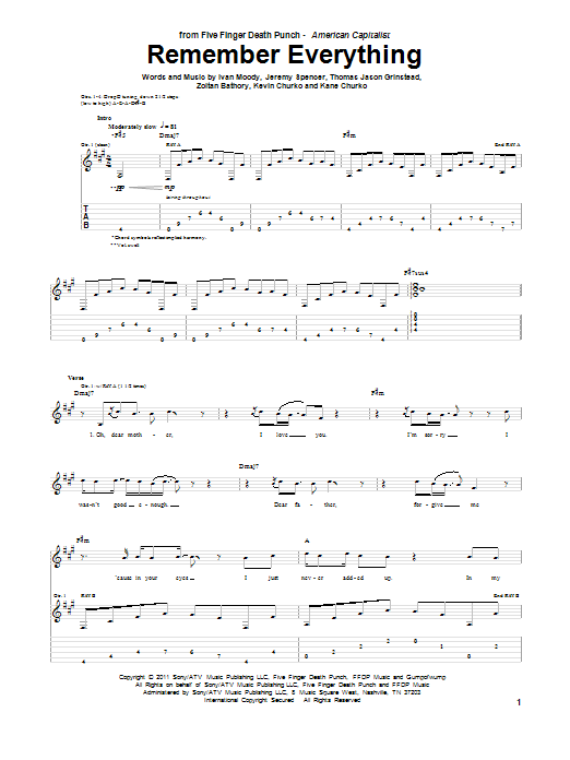 Five Finger Death Punch Remember Everything sheet music notes and chords arranged for Guitar Tab