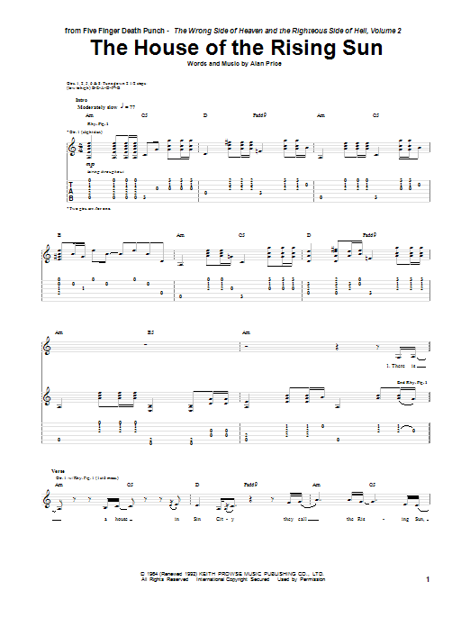 Five Finger Death Punch The House Of The Rising Sun sheet music notes and chords arranged for Guitar Tab