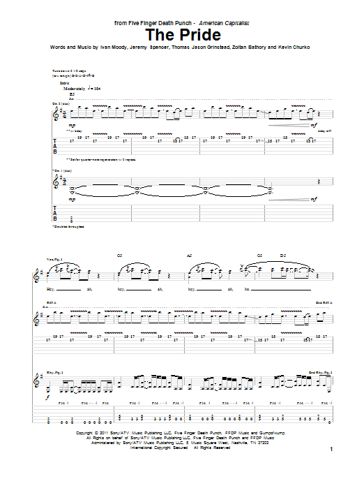 Five Finger Death Punch The Pride sheet music notes and chords arranged for Guitar Tab