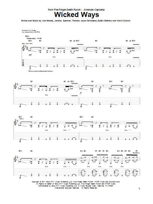 Five Finger Death Punch Wicked Ways sheet music notes and chords arranged for Guitar Tab