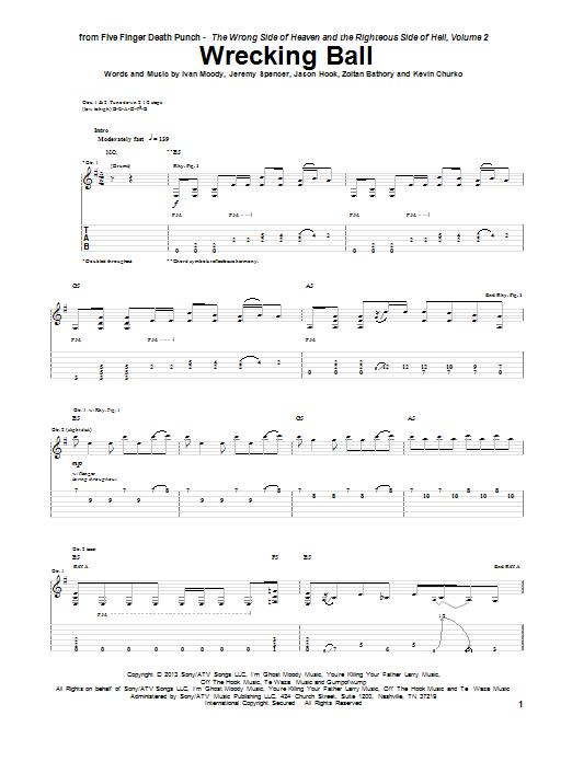 Five Finger Death Punch Wrecking Ball sheet music notes and chords arranged for Guitar Tab