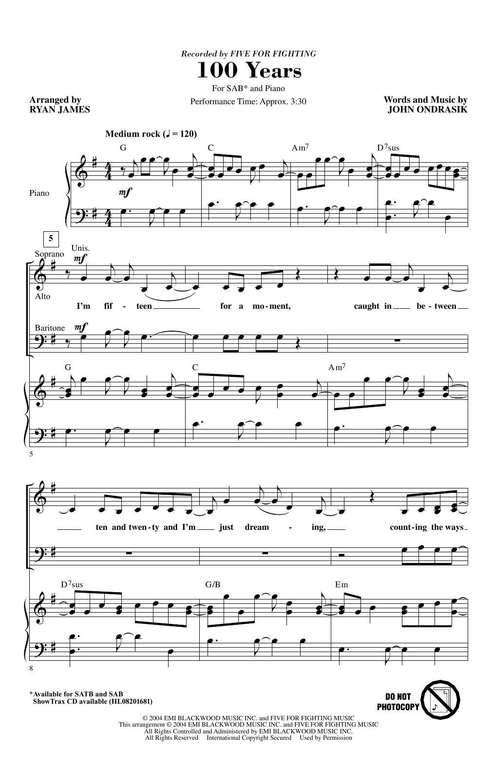 Five For Fighting 100 Years (arr. Ryan James) sheet music notes and chords arranged for SAB Choir