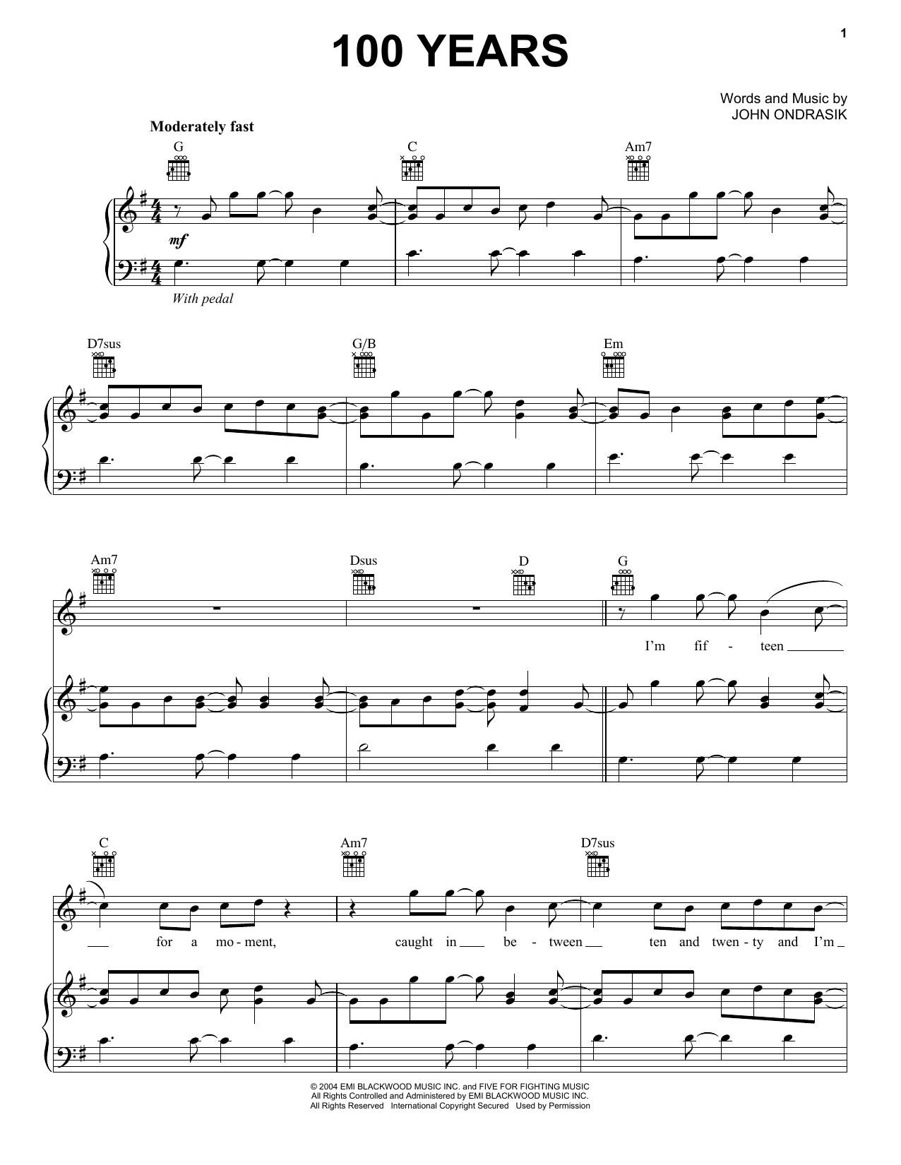 Five For Fighting 100 Years sheet music notes and chords arranged for Lead Sheet / Fake Book