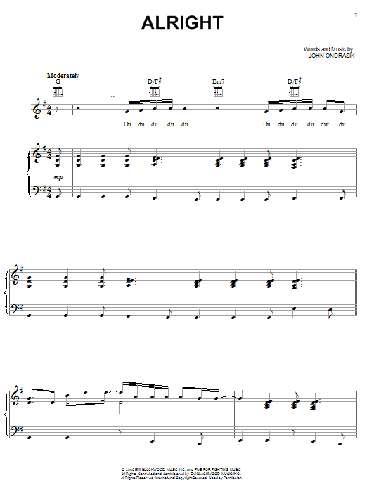 Five For Fighting Alright sheet music notes and chords arranged for Piano, Vocal & Guitar Chords (Right-Hand Melody)