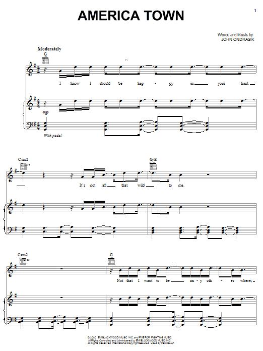 Five For Fighting America Town sheet music notes and chords arranged for Piano, Vocal & Guitar Chords (Right-Hand Melody)