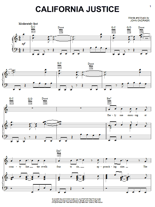 Five For Fighting California Justice sheet music notes and chords arranged for Piano, Vocal & Guitar Chords (Right-Hand Melody)