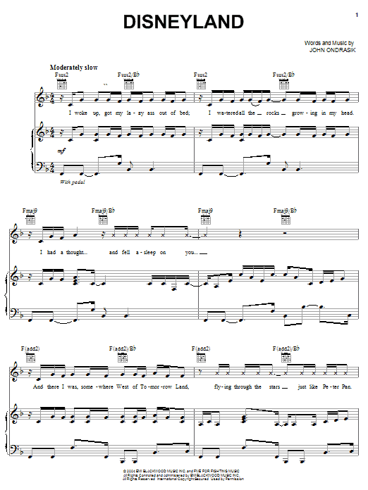 Five For Fighting Disneyland sheet music notes and chords arranged for Piano, Vocal & Guitar Chords (Right-Hand Melody)