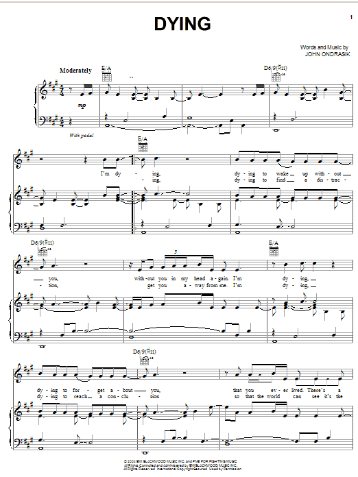 Five For Fighting Dying sheet music notes and chords arranged for Piano, Vocal & Guitar Chords (Right-Hand Melody)