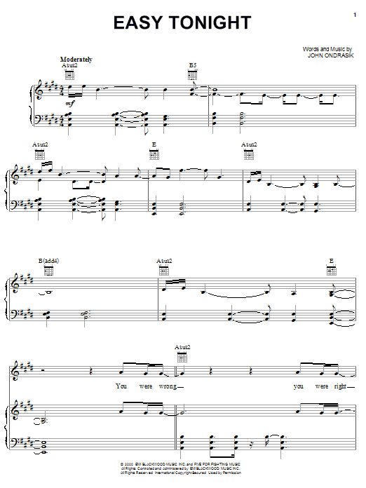Five For Fighting Easy Tonight sheet music notes and chords arranged for Piano, Vocal & Guitar Chords (Right-Hand Melody)