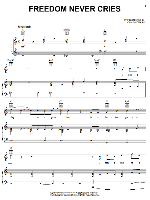 Five For Fighting Freedom Never Cries sheet music notes and chords arranged for Piano, Vocal & Guitar Chords (Right-Hand Melody)