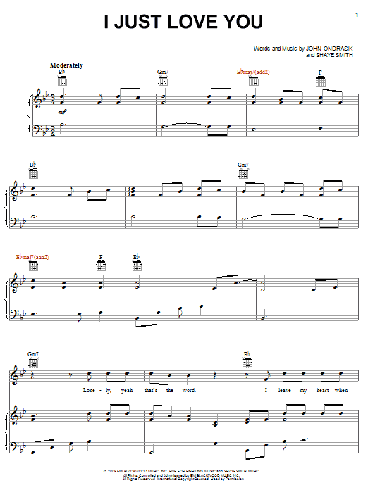 Five For Fighting I Just Love You sheet music notes and chords arranged for Piano, Vocal & Guitar Chords (Right-Hand Melody)