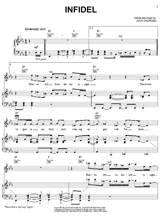 Five For Fighting Infidel sheet music notes and chords arranged for Piano, Vocal & Guitar Chords (Right-Hand Melody)